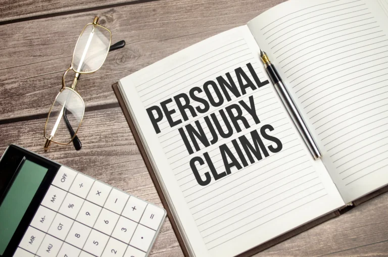 Open notebook with "PERSONAL INJURY CLAIMS" text, fountain pen, eyeglasses, and calculator on wooden table.