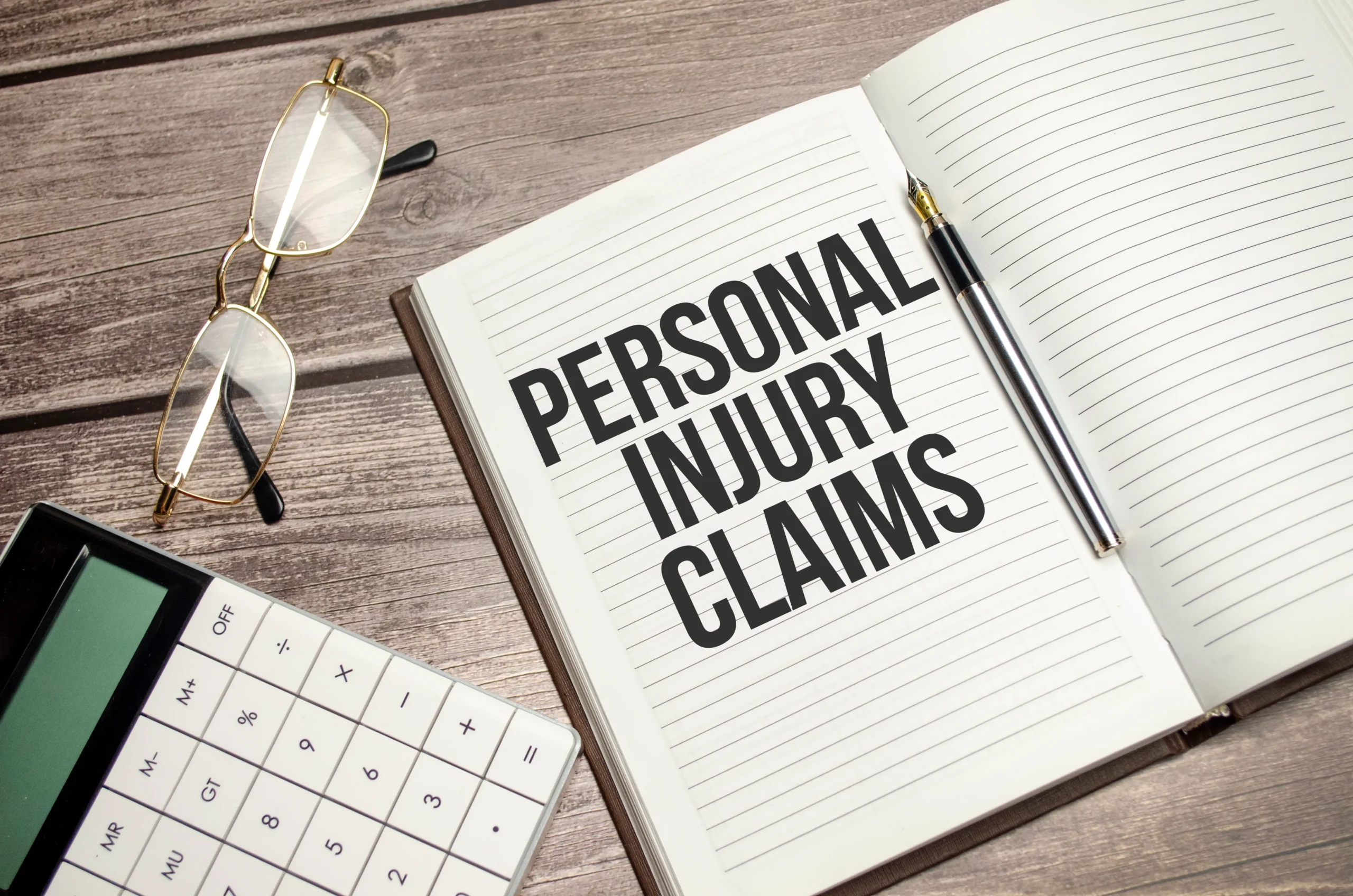 Open notebook with "PERSONAL INJURY CLAIMS" text, fountain pen, eyeglasses, and calculator on wooden table.