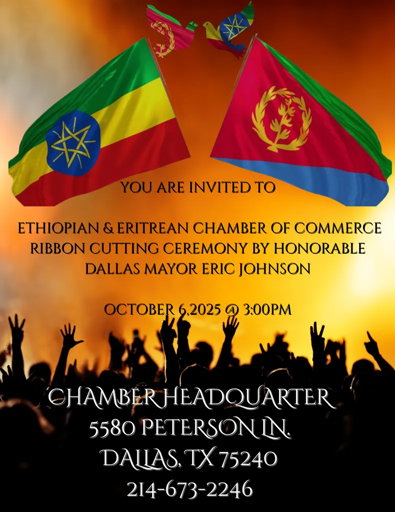 Invitation flyer with Ethiopian and Eritrean flags, event details, and silhouetted crowd.