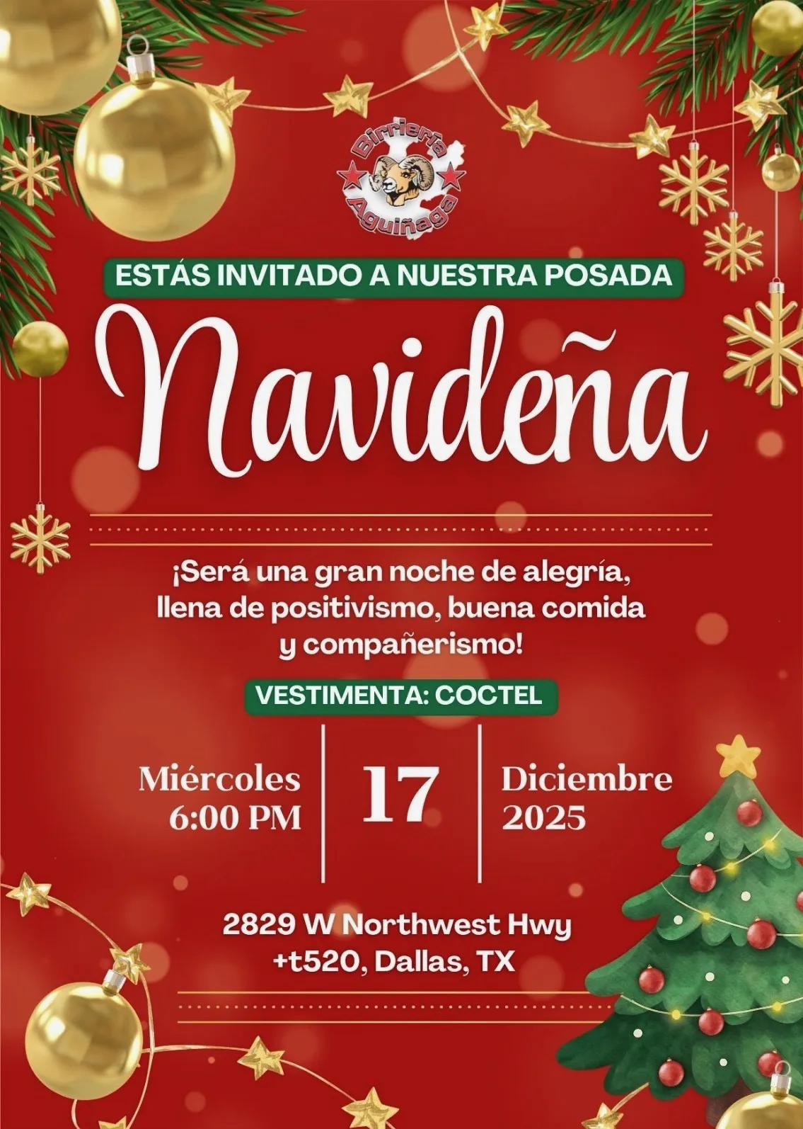 Christmas party invitation with festive decorations, date, time, and location details.