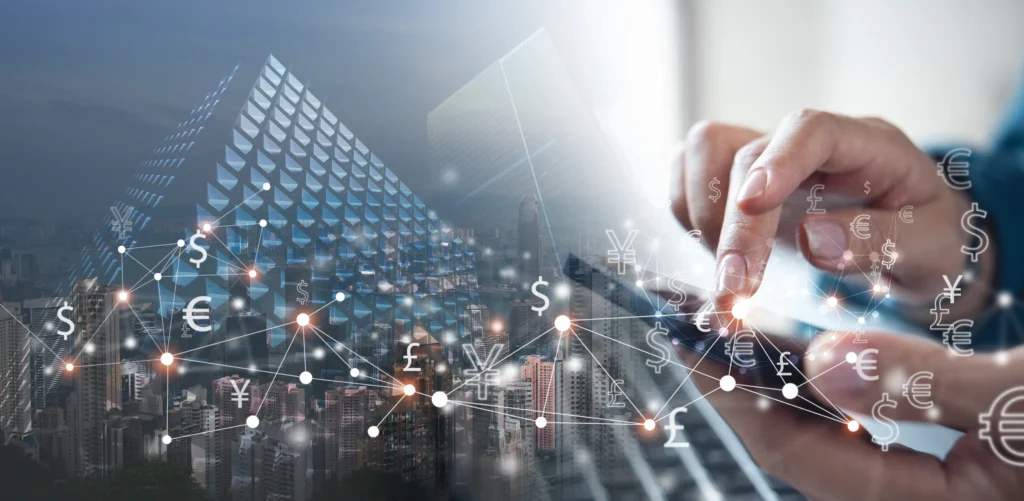 Close-up of hands using a smartphone with digital currency symbols and city skyscrapers in background.