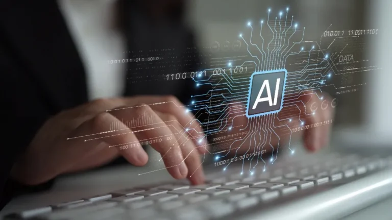 Person typing on a keyboard with a digital AI circuit and binary code overlay.
