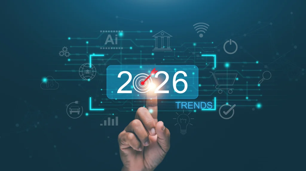 Hand pointing at digital interface displaying "2026 Trends" with technology and innovation icons.