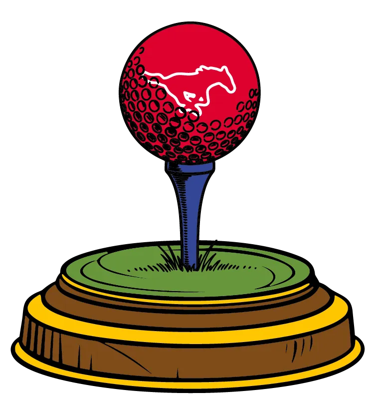 Illustration of a red golf ball with a white mustang logo on a blue tee, mounted on a green and wooden trophy base.