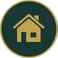 Gold house icon centered on a dark green circular background with a gold border.