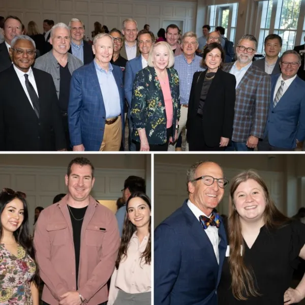 Group of professionally dressed adults posing indoors in three separate photos.