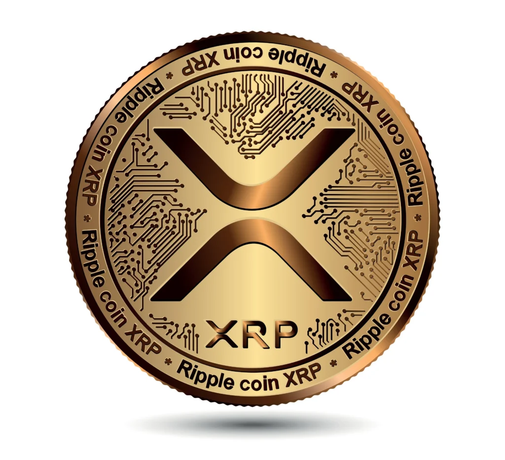 Gold-colored Ripple coin with circuit design and text "Ripple coin XRP" and "XRP" centered on white background.