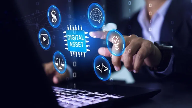 Business professional interacting with digital asset icons above a laptop keyboard.