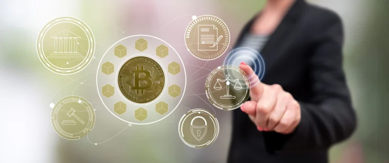 Businesswoman in dark suit interacting with digital Bitcoin and blockchain icons.