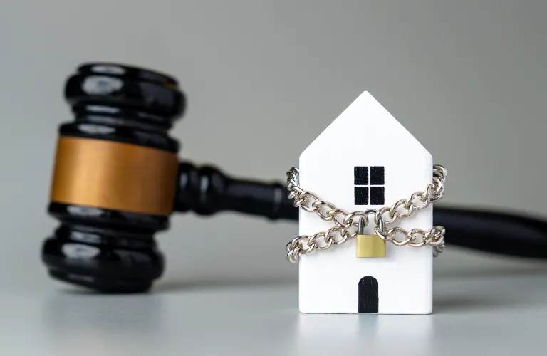 Small white house model wrapped in a chain with padlock, black gavel in background.