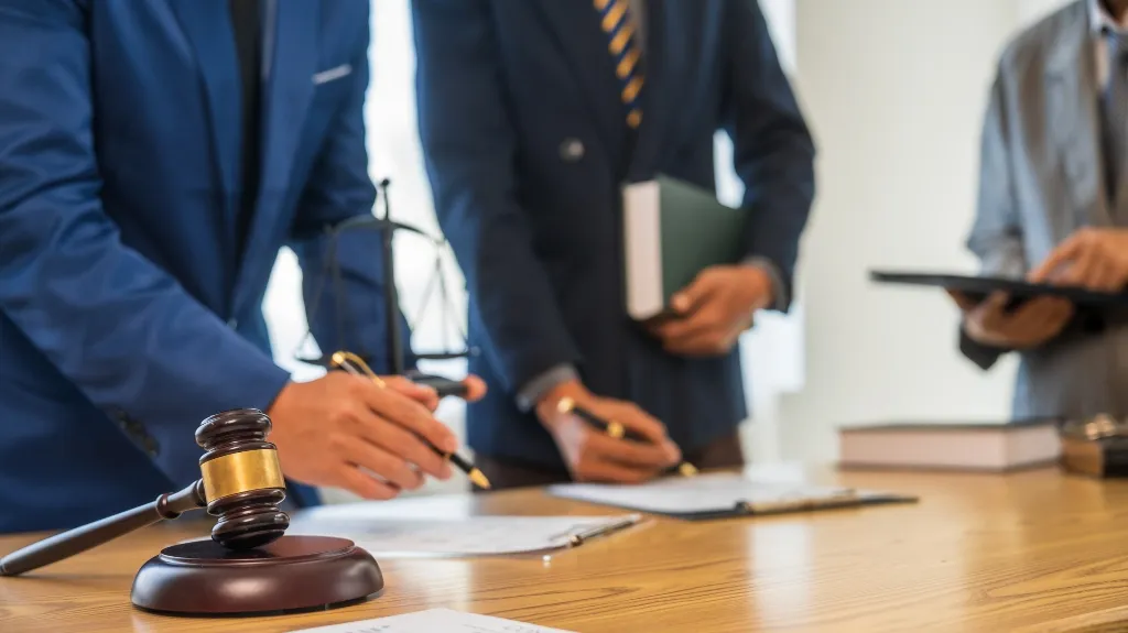 Legal professionals in suits reviewing documents, with a judge's gavel in foreground.
