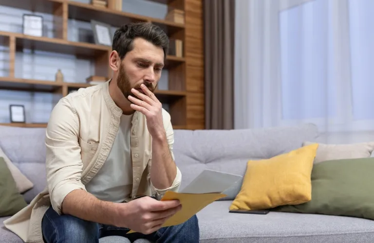 Man with beard sitting on grey couch, reviewing documents in yellow folder, appearing thoughtful.