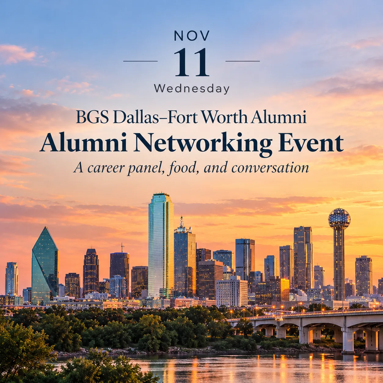 Sunset view of Dallas-Fort Worth skyline with text announcing November 11 alumni networking event.